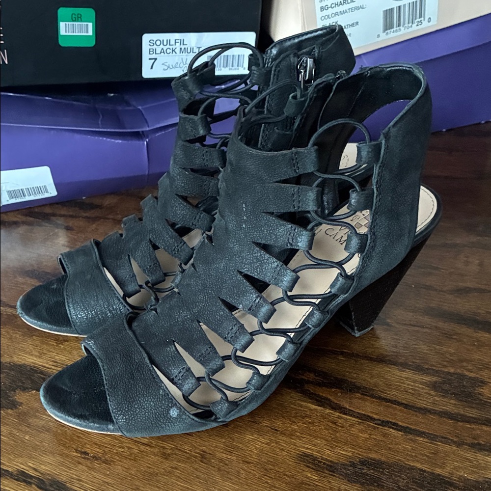 Vince Camuto Black Strappy Cutout Block Heel Sandals